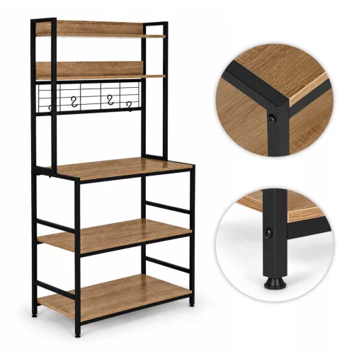 ModernHome konyhai polcos állvány 84 cm, 6 szintes, kampókkal, loft, világos tölgy
