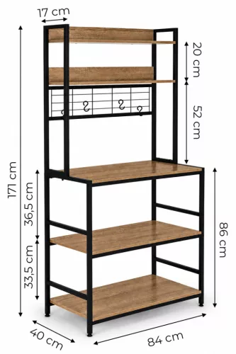 ModernHome konyhai polcos állvány 84 cm, 6 szintes, kampókkal, loft, világos tölgy