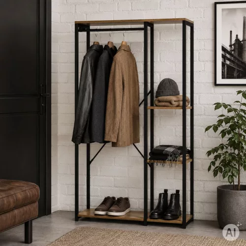 ModernHome előszobai állófogas polcokkal ruháknak és cipőknek, loft, világos tölgy