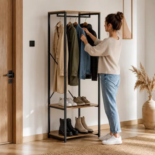 ModernHome loft álló ruhafogas polcokkal, világos tölgy