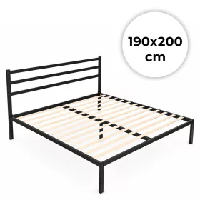   ModernHome fém ágy 190x200 cm, ágyráccsal és fejtámlával, fekete, minimalista