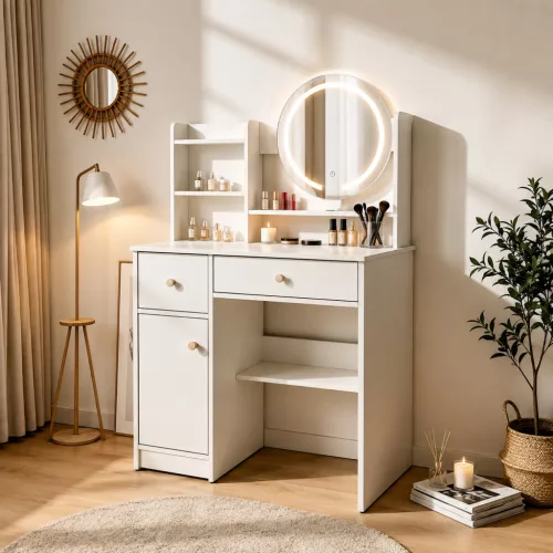 ModernHome fésülködőasztal kerek tükörrel, LED világítással, polcokkal és fiókokkal