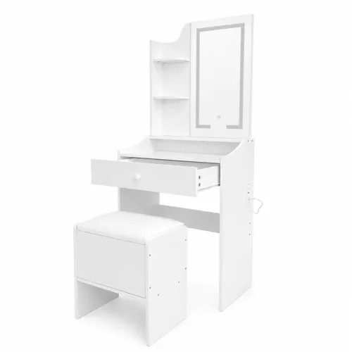 ModernHome fésülködőasztal tükörrel, 3 színű LED világítással, polcokkal, fiókkal és székkel