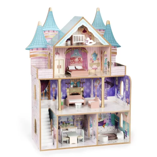 ECOTOYS Bella Castle fa babaház 4 szinttel, 5 szobával, 15 bútorral