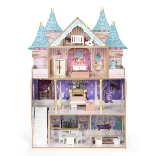 ECOTOYS Bella Castle fa babaház 4 szinttel, 5 szobával, 15 bútorral