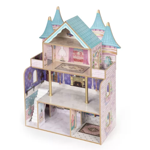 ECOTOYS Bella Castle fa babaház 4 szinttel, 5 szobával, 15 bútorral