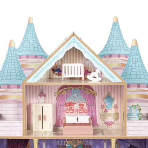 ECOTOYS Bella Castle fa babaház 4 szinttel, 5 szobával, 15 bútorral