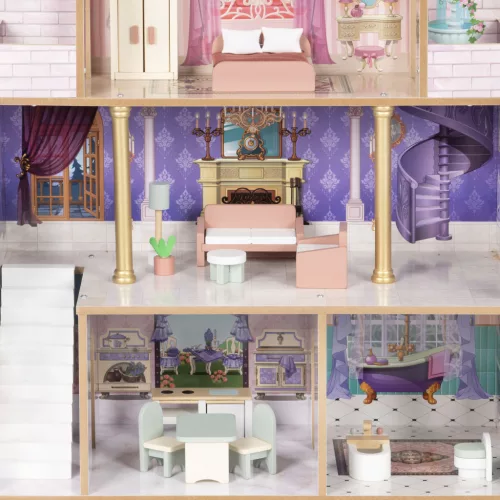 ECOTOYS Bella Castle fa babaház 4 szinttel, 5 szobával, 15 bútorral