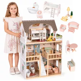 ECOTOYS Laura fa babaház, 3 emelet, 5 szoba, 15 bútorral