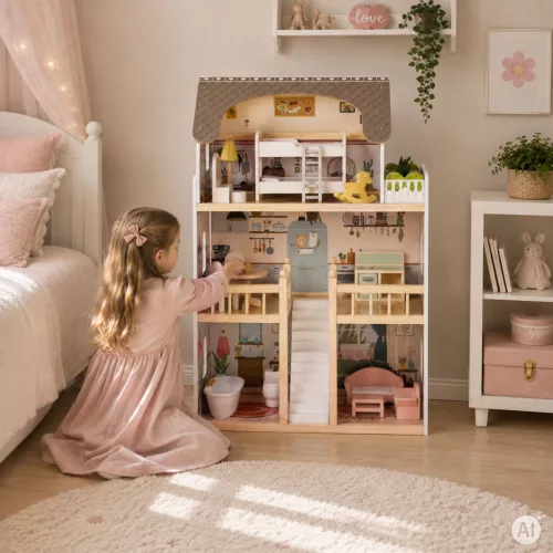 ECOTOYS Laura fa babaház, 3 emelet, 5 szoba, 15 bútorral