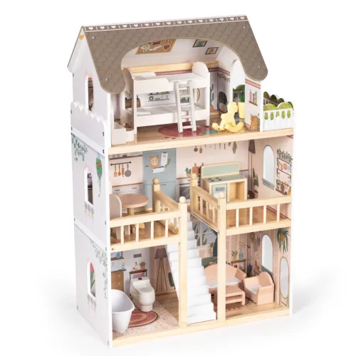 ECOTOYS Laura fa babaház, 3 emelet, 5 szoba, 15 bútorral