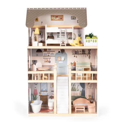ECOTOYS Laura fa babaház, 3 emelet, 5 szoba, 15 bútorral