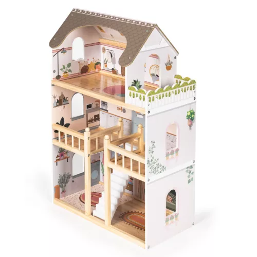 ECOTOYS Laura fa babaház, 3 emelet, 5 szoba, 15 bútorral