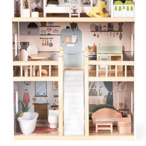 ECOTOYS Laura fa babaház, 3 emelet, 5 szoba, 15 bútorral