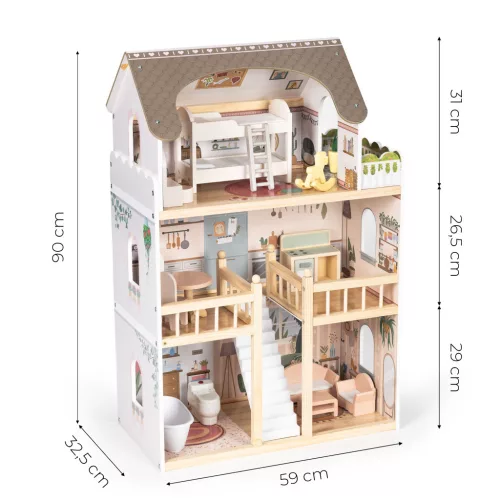 ECOTOYS Laura fa babaház, 3 emelet, 5 szoba, 15 bútorral