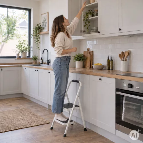 ModernHome 2-step acél létra, csúszásmentes fokokkal, biztonsági zárral, összecsukható
