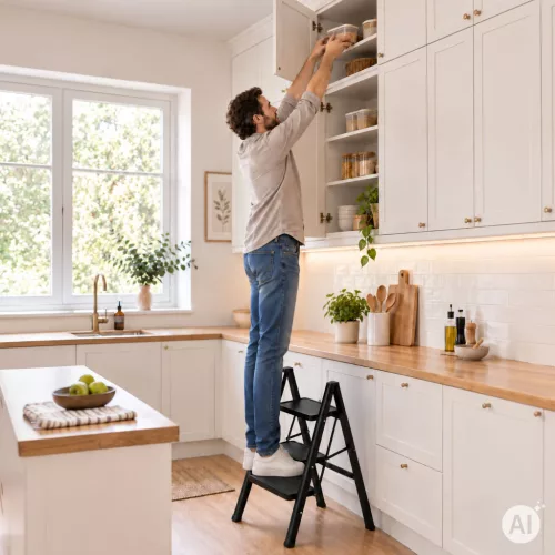 ModernHome összecsukható 3-step acél létra biztonsági zárral, fekete