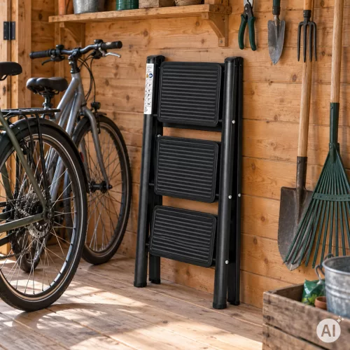 ModernHome összecsukható 3-step acél létra biztonsági zárral, fekete
