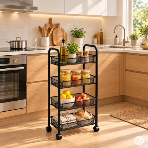 ModernHome gurulós fém polcos rendszerező 4 polccal, fekete