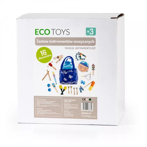 Fa hangszer játék készlet 16 db + táska ECOTOYS, hangszerek gyerekeknek, zenélés, zenei játék, hangszerszett