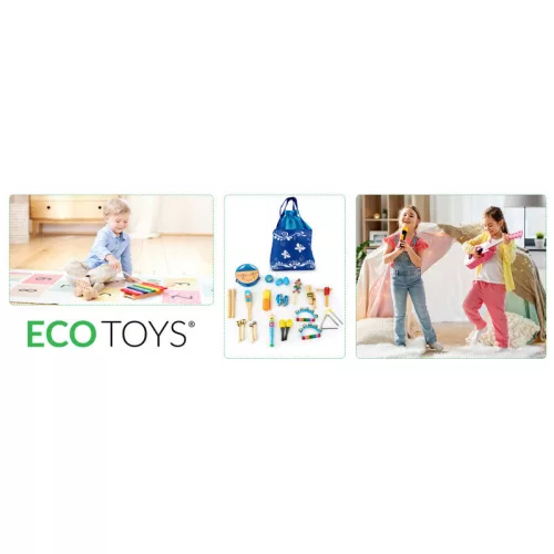 Fa hangszer játék készlet 16 db + táska ECOTOYS, hangszerek gyerekeknek, zenélés, zenei játék, hangszerszett