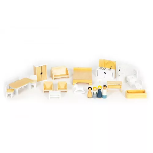 Baba ház 17 darab fából készült bútorral - ECOTOYS - gyerekeknek, játék, baba, bútor, fa, kreatív, minőségi