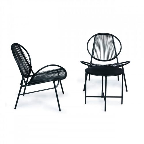 Fekete asztal és fém székekkel kiegészített rattan kerti bútor készlet