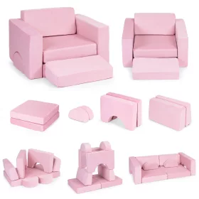   ECOTOYS moduláris gyerekfotel, 8 puha párnával, összecsukható, rózsaszín