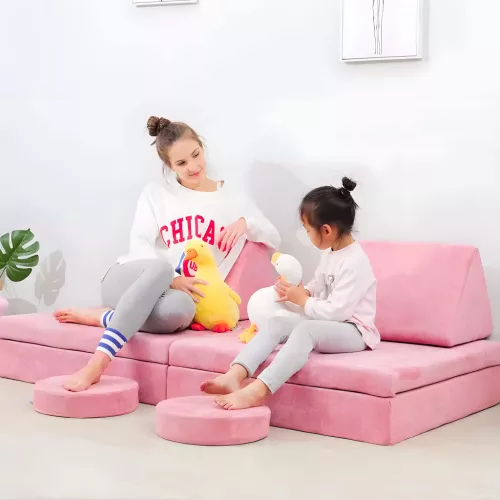 ECOTOYS moduláris, összecsukható 2 személyes gyerek kanapé 10 puha párnával, rózsaszín
