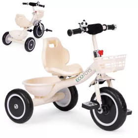  ECOTOYS tricikli csúszásmentes markolattal, csengővel, kosárral, bézs