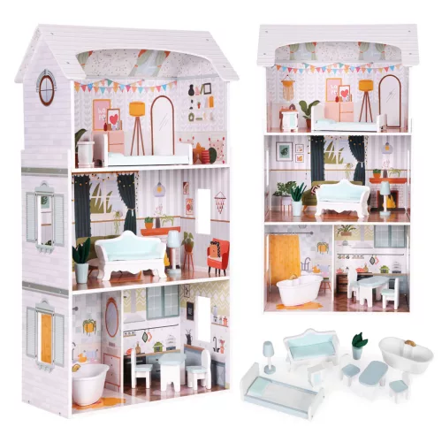 ECOTOYS Alice babaház 3 szinttel, 4 szobával, 9 bútoros készlet