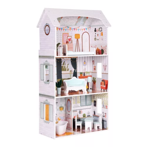 ECOTOYS Alice babaház 3 szinttel, 4 szobával, 9 bútoros készlet