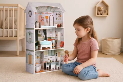ECOTOYS Alice babaház 3 szinttel, 4 szobával, 9 bútoros készlet
