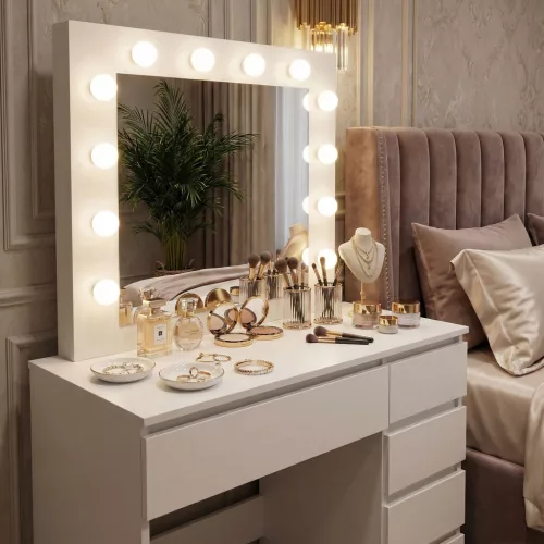 ModernHome sminkasztal tükörrel, világítással, 5 fiókkal és székkel