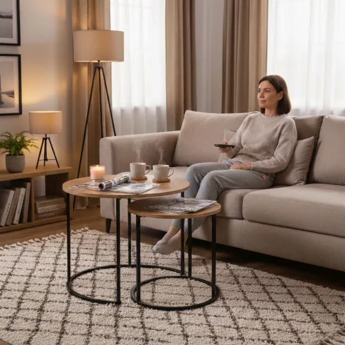 ModernHome 2 db-os kerek dohányzóasztal szett, világos tölgy, loft stílus