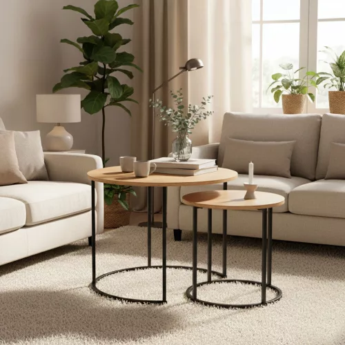 ModernHome 2 db-os kerek dohányzóasztal szett, világos tölgy, loft stílus