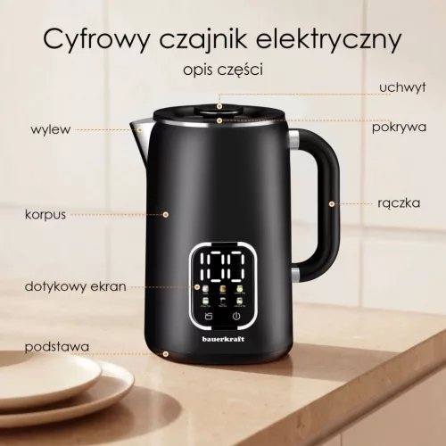 Bauerkraft vezeték nélküli elektromos vízforraló 1.7L, hőmérséklet-szabályozással, forgó talppal, fekete