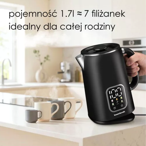 Bauerkraft vezeték nélküli elektromos vízforraló 1.7L, hőmérséklet-szabályozással, forgó talppal, fekete