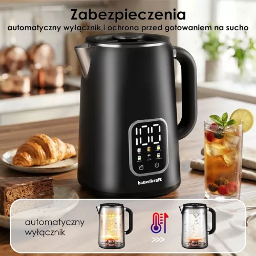 Bauerkraft vezeték nélküli elektromos vízforraló 1.7L, hőmérséklet-szabályozással, forgó talppal, fekete