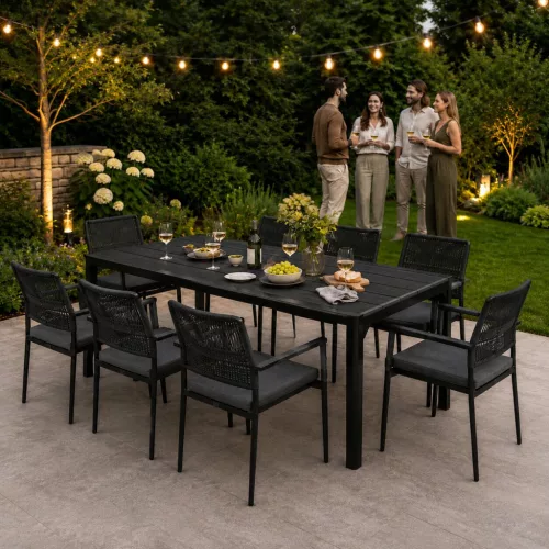 MultiGarden 8 személyes fekete kerti asztal teraszra és kertbe 180×90 cm