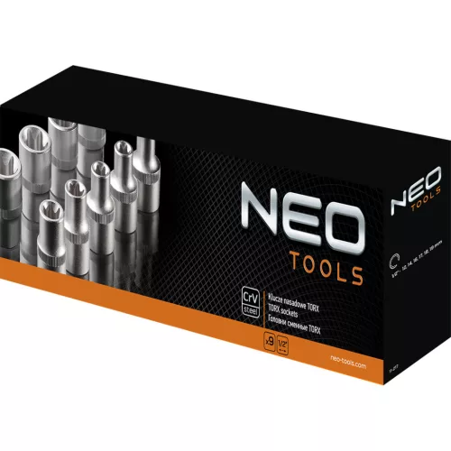 NEO TOOLS Torxkulcs készlet 9db, 1/2", E10 - E25 25 év garanciával 08-649