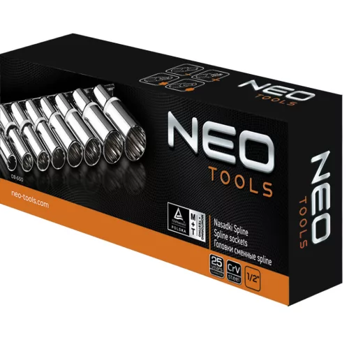 NEO TOOLS Dugókulcskészlet 8db 1/2" hosszú SPLINE 25 év garanciával 08-650