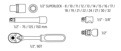 NEO TOOLS Dugókulcskészlet 1/2", 23db, 90 fogas racsni! 25 év garanciával 08-694