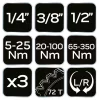 NEO TOOLS Nyomatékkulcs készlet 3db, 1/4"(5-23 Nm), 3/8"(20-120 Nm), 1/2"(60-330 Nm) 08-843