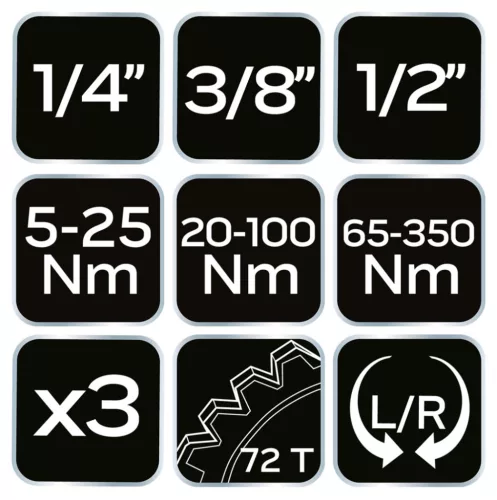 NEO TOOLS Nyomatékkulcs készlet 3db, 1/4"(5-23 Nm), 3/8"(20-120 Nm), 1/2"(60-330 Nm) 08-843