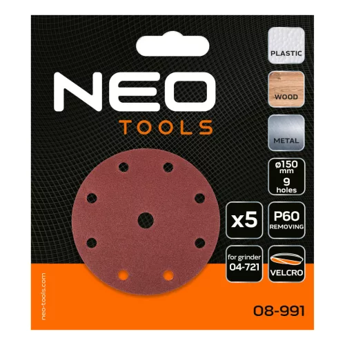 NEO TOOLS Csiszolókorong tépőzáras 150mm, P60, 9 lyukkal, 5db, 04-721-hez 08-991