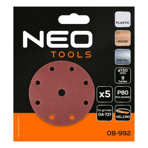 NEO TOOLS Csiszolókorong tépőzáras 150mm, P80, 9 lyukkal, 5db, 04-721-hez 08-992