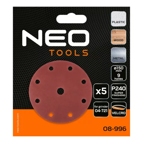 NEO TOOLS Csiszolókorong tépőzáras 150mm, P240, 9 lyukkal, 5db, 04-721-hez 08-996