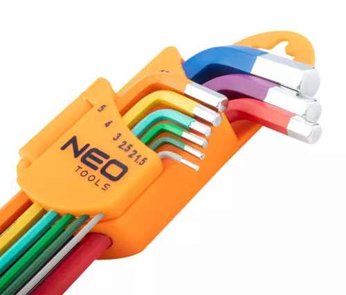 NEO TOOLS Imbuszkulcs készlet 9db hosszú 1.5-10mm, színes 25 év garanciával 09-512