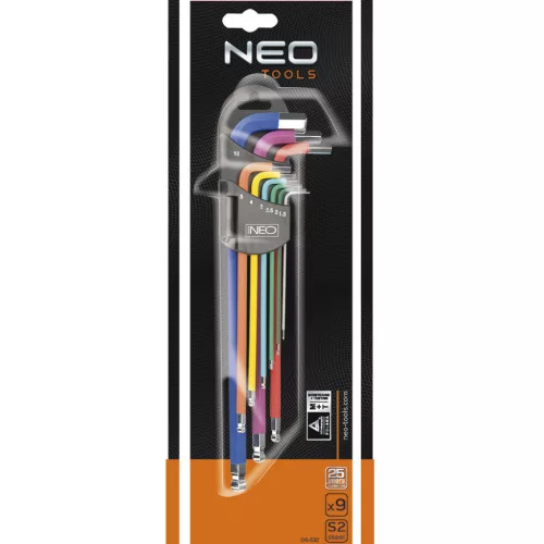 NEO TOOLS Imbuszkulcs készlet 9db hosszú 1.5-10mm, színes 25 év garanciával 09-512